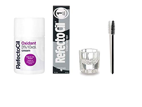 Refectocil KIT - Cream Hair Dye + Creme Oxidant 3% 3.4oz + Mixing Dish + Mascara Brush (Pure Black)