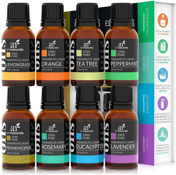 artnaturals Therapeutic-Grade Aromatherapy Essential Oils Gift Set – (8 x 10ml) - 100% Pure of The Highest Quality Oil – Peppermint, Tea Tree, Lavender, Eucalyptus