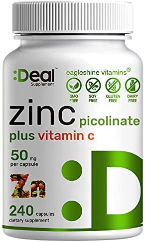 Zinc Picolinate 50mg, 240 Capsules, 8 Months Supply, Zinc with Vitamin C, Immune Booster Zinc for Adults and Zinc for Kids - Advanced Vitamin C Zinc Supplements (240 Capsules)