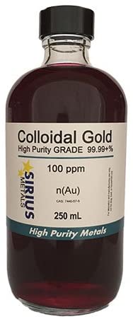 99.99+% Pure True Colloidal Gold ýýý 250 mL of 100 ppm in Clear Plastic Bottle w/phenolic Cap