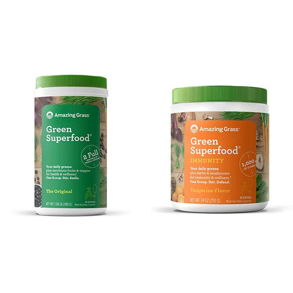 Amazing Grass Green Superfood: Super Greens Powder with Spirulina, Chlorella, 60 Servings & Green Superfood Immunity: Super Greens Powder with Vitamin C, Cordyceps & Reishi Mushrooms, 30 Servings