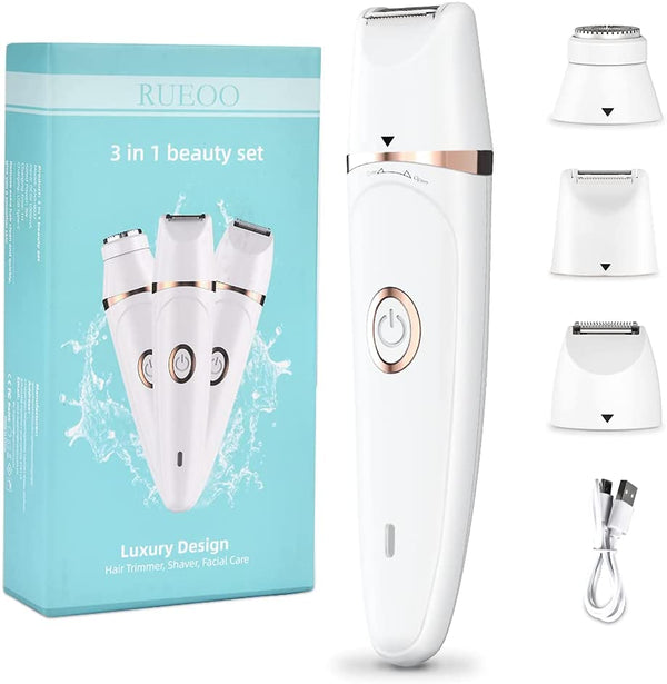 Lady Shaver,RUEOO 3-in-1 Painless Electric Lady Shaver Bikini Trimmer for Women Legs,Face and Underarm,Wet & Dry Shaver for Women with USB Charging