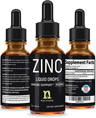 Liquid Zinc Sulfate Drops 60ml - Ionic Zinc Liquid Supplement for Immune Support - Liquid Zinc Sulfate Supplements for Women, Men, and Kids - 2 Fl Oz 450mg