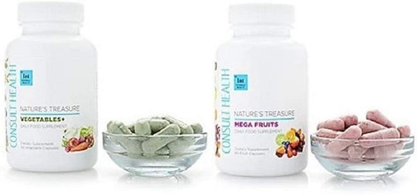 Consult Health Nature's Treasure Mega Fruits & Vegetables+ Daily Dietary Food Supplement Duo ýýý Mega Fruits 60 Count (Pack of 1) & Vegetables+ 60 Count (Pack of 1)