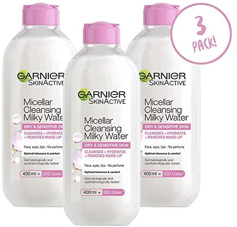 Garnier Micellar Milky Cleansing Water Dry and Sensitive Skin, Hydrating Face and Eye Make-Up Remover and Cleanser 400 ml Pack of 3