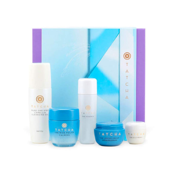 Tatcha The Starter Ritual Set - Soothing for Sensitive Skin: Includes Pure One Step Camellia Cleansing Oil, The Rice Polish: Calming, The Essence, The Indigo Cream, The Silk Peony