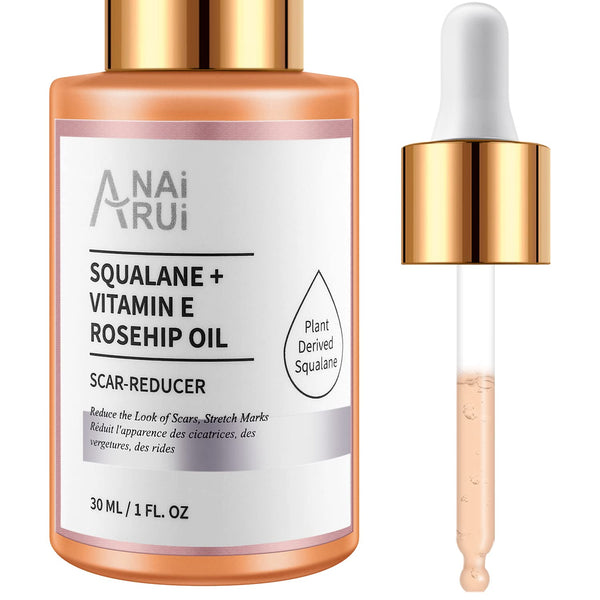 Scar-Reducer Squalane + Vitamin E Rosehip Oil Moisturizer for Face Hydrate, Reduce Acne Scars and Stretch Marks, Wrinkles for Smoother, Softer Skin 1 fl. Oz.
