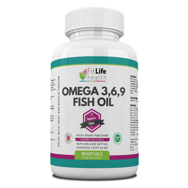 Omega 3,6,9 1000mg - 90 Softgel Capsules by Fit Life Health - Fish Oil Supplement for Men & Women - Essential Fatty Acids Help to Support Joints, Muscles and Brain - Made in UK