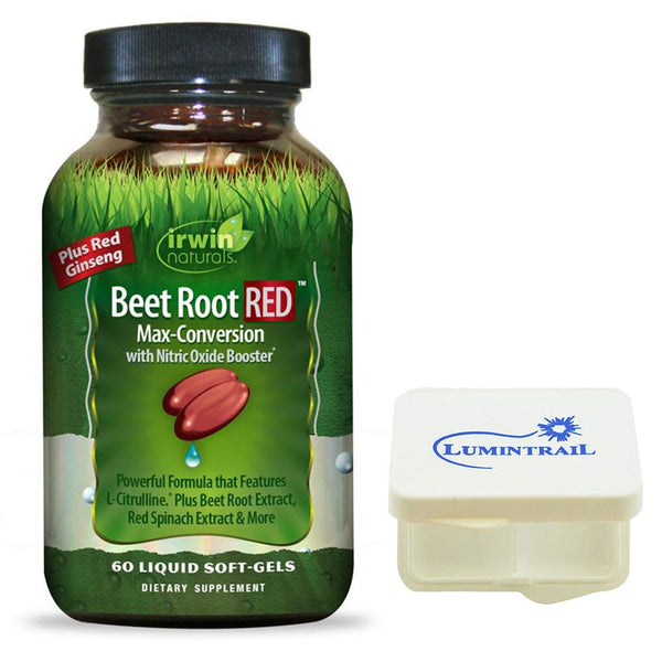 Irwin Naturals Beet Root RED Max-Conversion with Nitric Oxide Booster for Cardiovascular Health Blood Flow Support - 60 Soft-Gels - Bundle with a Lumintrail Pill Case