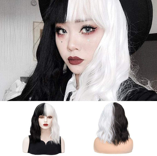 Half White Black Wig Short Curly Wavy Bangs Wig Synthetic Womens Hair Wig Fancy Dress Ladies Wigs Halloween Cosplay Party