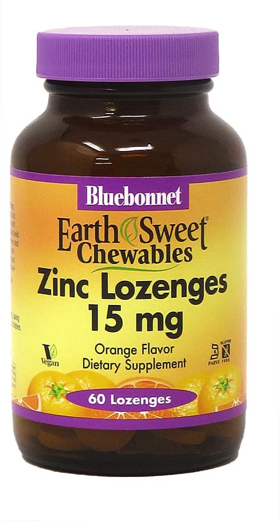 Bluebonnet Nutrition Earthsweet Zinc Lozenges 15mg Chewables, Plus 100mg of Vitamin C, Soy-Free, Gluten-Free, Kosher Certified, Dairy-Free, Vegan, Orange Flavored, 60 Lozenges