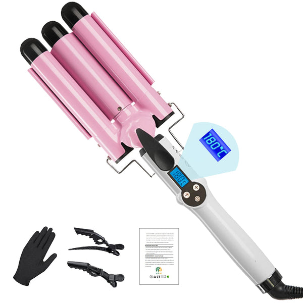 Rinbo Curling Iron, 25 mm Curling Iron, 3 Barrels, Large Curls with LCD Display, 110 °C - 220 °C, Adjustable, 30 seconds Fast Heating, Ceramic Beach Waves Curling Iron with Glove and Hair Clips