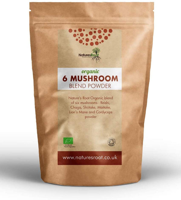 Natureýýýs Root Organic 6 Mushroom Blend Powder 125g - Complex of Reishi, Chaga, Cordyceps, Maitake, Shiitake, Lionýýýs Mane (Hericium) Mushrooms | Nutrient Rich| Certified Organic | Vegan