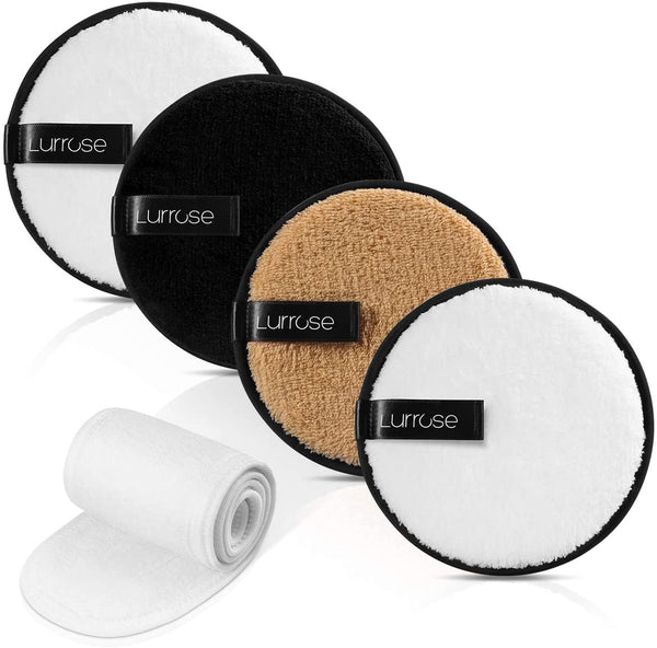 Lurrose Reusable Makeup Remover Pads-4Pack with Spa Facial Headband Included, Microfibre Face Cleansing Cloths for All Skin Type, 4.5" Dia