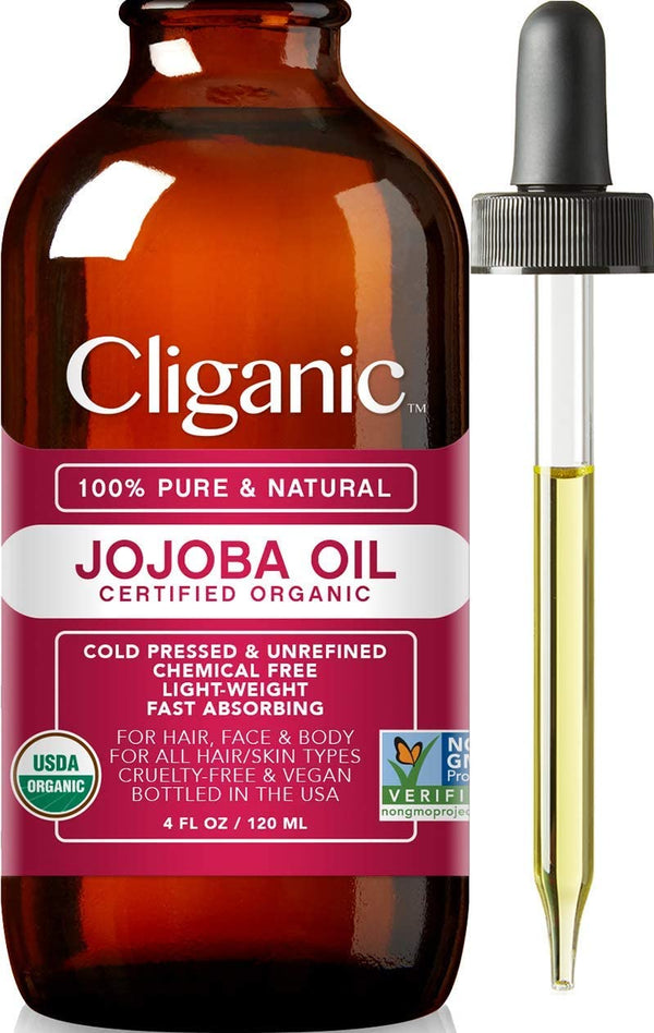 Certified Organic Jojoba Oil 120ml | 100% Pure Natural Cold Pressed Unrefined, Hexane Free Carrier Oil | for Hair Face & Nails | Cliganic 90 Days Warranty