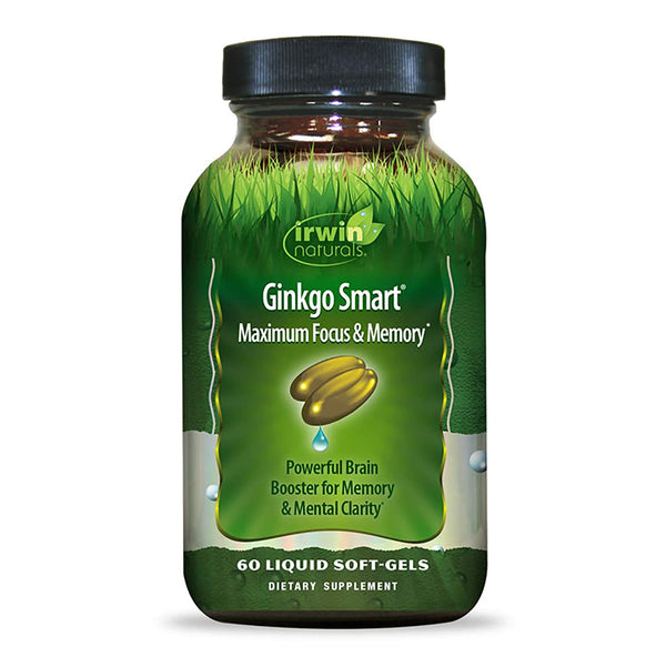 Irwin Naturals Ginkgo Smart Powerful Nootropic Brain Booster - Supports Maximum Memory, Focus & Mental Clarity with DMAE, Clubmoss, Choline & Acetyl L-Carnitine - 60 Liquid Softgels