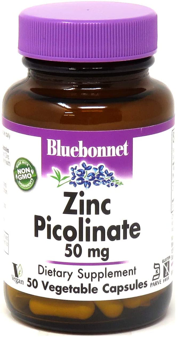 Bluebonnet Nutrition Zinc Picolinate 50 Mg Vegetable Capsules, Hormonal & Immune Health, Prostate Health, Skin, Vegan, Non GMO, Gluten Free, Soy Free, Milk Free, Kosher, 50 Vegetable Capsules