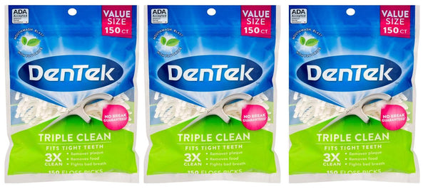 DenTek Triple Clean Floss Picks, No Break Guarantee, 150 Count, 3 Pack