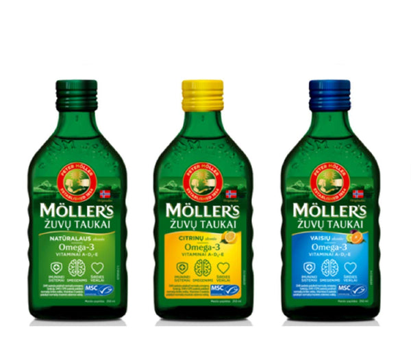 Moller Omega 3 Liver Oil Nordic Omega 3 6 9 Dietary Supplement with EPA, DHA, Vitamin A, D, E Superior Taste Award High Purity 165 Years Old Brand Lemon, Natural, Fruit Flavours 250 ml x 3 Bottles