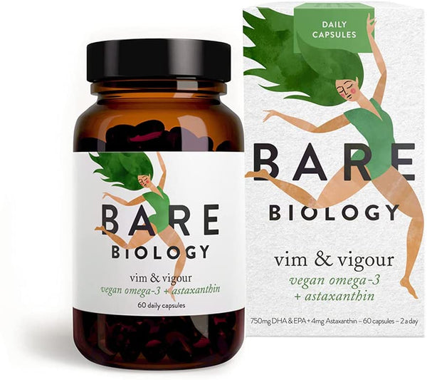 Bare Biology Vim & Vigour Vegan Omega-3 + Astaxanthin - for Plant-Powered Wellbeing - Sustainably Sourced/Independently Tested for Purity (60 Capsules)