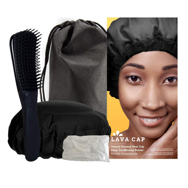 Lava Cap Heat Cap for Deep Conditioning Treatment - Microwavable Flaxseed Cordless Hair Steamer Cap Curly Detangler Kit with Flexible Detangler Hairbrush, Disposable Shower Caps & Cotton Storage Bag