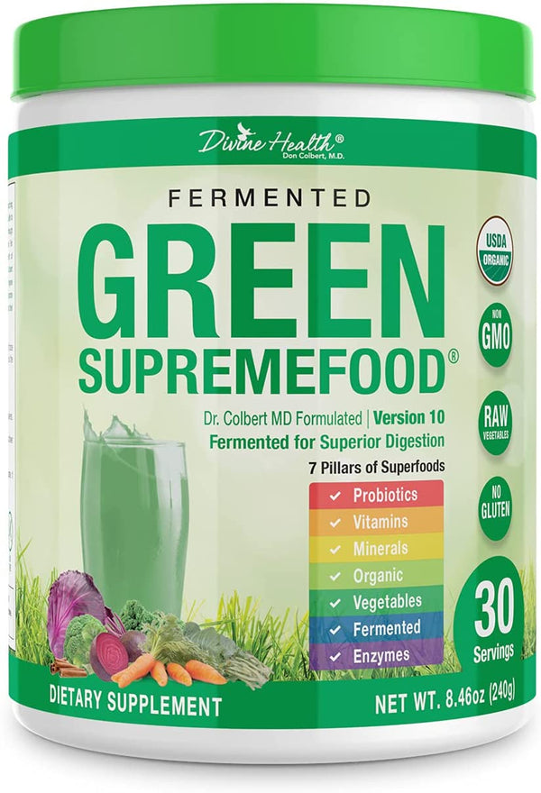Fermented Green Supremefood® by Divine Health & Dr. Don Colbert MD - 30 Day Supply - Made in USA - USDA Organic - Includes Vegetables, Probiotics, Enzymes, Herbs & Fiber - Easy on Digestive Tract