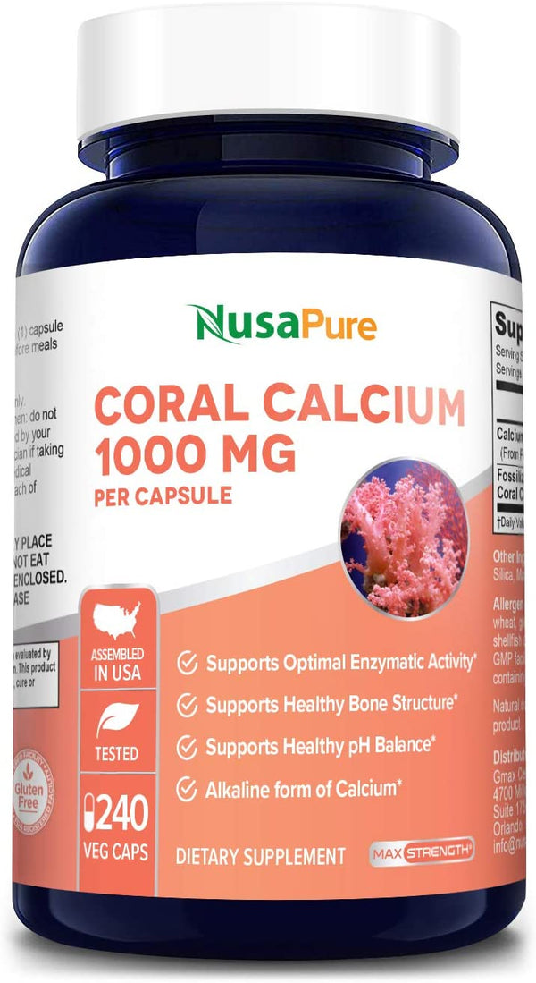 Coral Calcium 1000 mg - 240 Caps (Non-GMO & Gluten-Free) Supports Bone Health & PH Levels*- Contains Magnesium, 73 Minerals and Vitamin D3