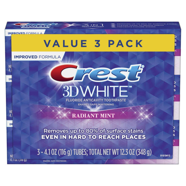 Crest 3D White, Whitening Toothpaste, Radiant Mint, 4.8 Ounce, Pack of 3