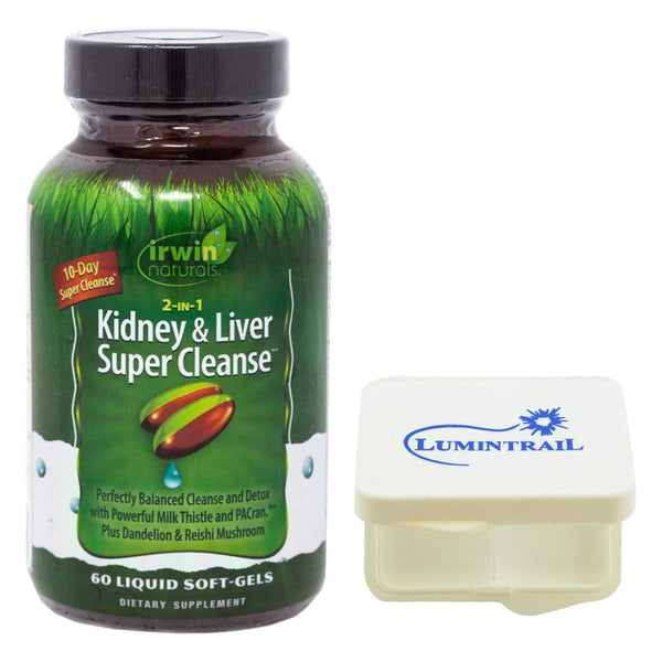 Irwin Naturals 2-in-1 Kidney and Liver Super Cleanse with Milk Thistle, Dandelion Detox Supplement 60 Liquid Softgels Bundle with a Lumintrail Pill Case