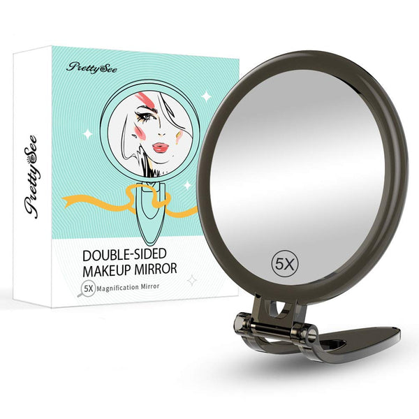 PRETTY SEE 5x Magnifying Makeup Mirror, 5x/1x Double Sided Mirror with Rotation Stand, Travel Folding Handheld Mirror for Daily Makeup, Facial Hair, Blackhead & Comedone Removal (5inch, Black)