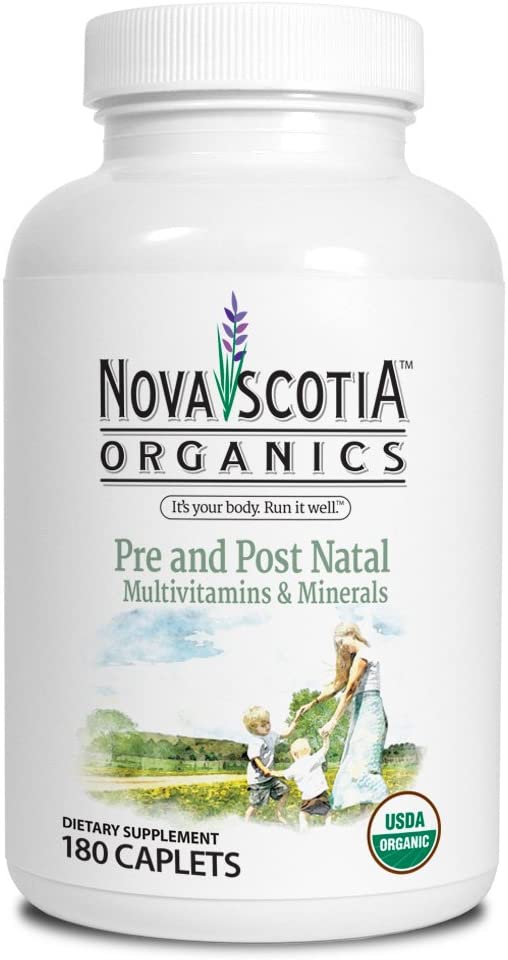 Nova Scotia Organics Prenatal and Postnatal Multivitamins & Minerals (180 Caplets); Certified Organic; Vegetarian; Whole Food Sourced Vitamins and Minerals; Natural Folate from Organic Lemon Peel