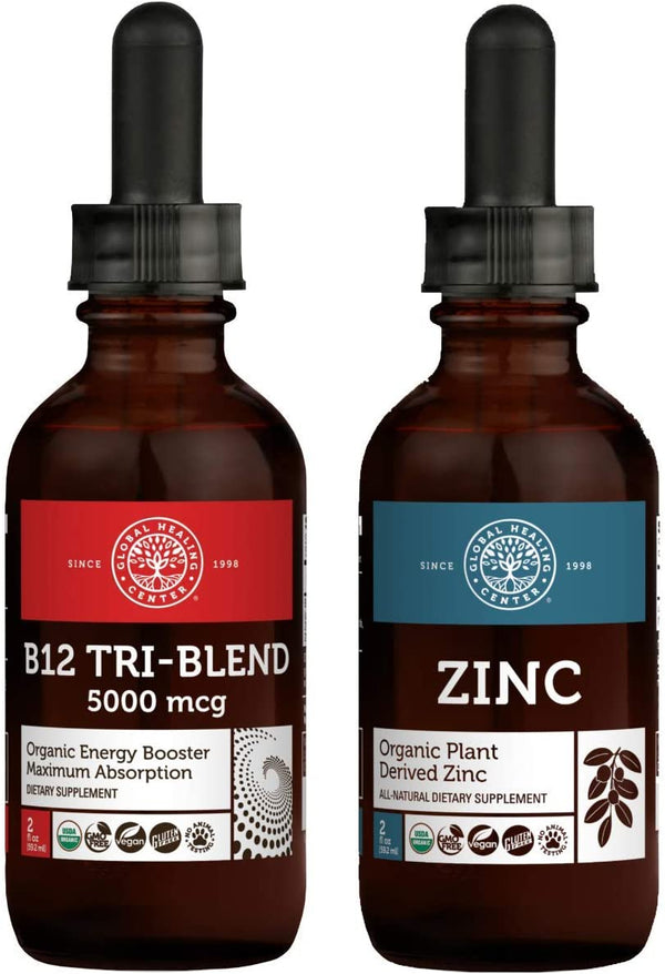 Global Healing Tri-Blend 5000mcg & Zinc Kit - Sublingual B12 Vitamin Drops for Thyroid and Energy, Mood, Heart Health & Organic Liquid Supplement Supports Immune System & Cell Growth - 2 Fl Oz Each