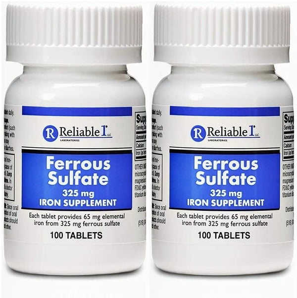 Ferrous Sulfate 325mg Iron Supplement by Reliable 1 | Iron Pills for Women & Men | Iron Supplements for Anemia & Iron Deficiency | 100 Iron Tablets per Bottle, 2-Pack