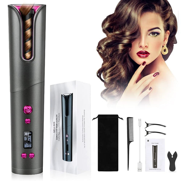 WeChip Cordless Automatic Curling Iron，Auto Hair Curler with LCD Display Adjustable Temperature & Timer,Portable Ceramic Professional Curling Wands USB Charging and Rechargeable.