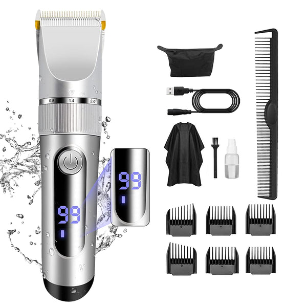 WALLE Electric Hair Clippers for Men - Profesional Hair Trimmers Set IPX7 Waterproof LED Display Rechargeable Cordless Quite Hair Cutting Kit Barber Trimmer Kit for Boys Pets