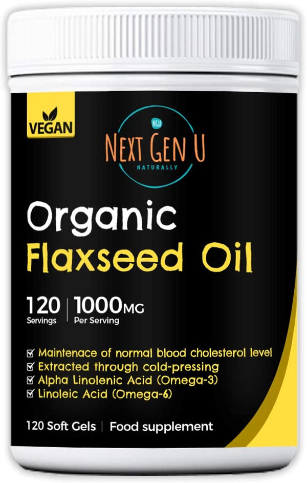 Organic Flaxseed Oil Capsules 1000Mg ýýý 120 Vegan Soft Gels | High in Omega 3 , 6 , 9 | Cold Pressed Organic Flax Seed Formula | 4 Months Supply