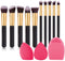 Makeup Brush Set, Kueimovi 10Pcs Professional Makeup Brush Set Premium Synthetic Brush Eyeshadow Brushes Foundation Brushes Kit with Blender Sponge and Silicon Brush Cleaner (10pcs Set/Black-Gold)