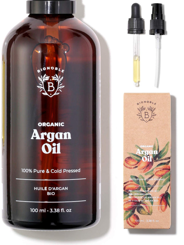 ORGANIC ARGAN OIL | 100% Pure, Natural & Cold Pressed | Hair, Face, Body, Beard, Nails | Vegan & Cruelty Free | Glass Bottle + Pipette + Pump (100ml)