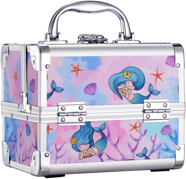 Joligrace Girls Makeup Box with Mirror Cosmetic Case Jewelry Organiser Light Weight Lockable with Keys, Size: 19.5x15x16cm, Mermaid