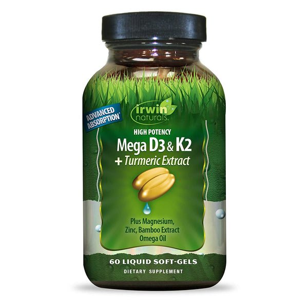 Irwin Naturals High Potency Mega D3 & K2 + Turmeric Extract for Healthy Bones, Immune Function & Positive Mood - Advanced Absorption with Magnesium, Turmeric, Bamboo & Omega Oil - 60 Liquid Softgels