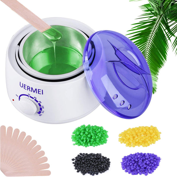 Wax Warmer, Wax Heater Hair Removal Kit with Adjustable Temperature, Built-in Thermo Safety Control and Removable Pot, 4 Different Flavor Hard Wax Beans & 20 Wax Applicator Sticks (Women/Men)