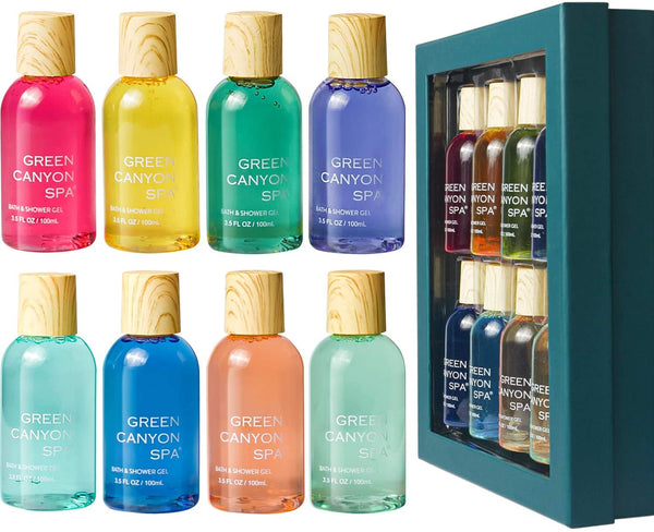 Green Canyon Spa Gift Set, 8Pcs Travel Size Shower Gel Gift Pack for Women and Men Multi Scent Bath Gift Box, Lovely Body Wash Gift for Her & Him Vegan Beauty Gift for All Kinds of Skin Types