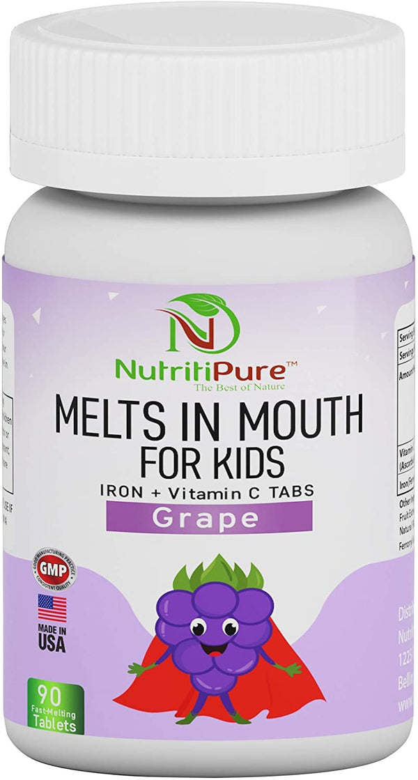 Kids Chewable Iron Supplement (Ferronylýý/Carbonyl Iron 9 mg with Vitamin C 30 mg) Tablet in Delicious Grape Flavor 90 Count (1 Bottle) (1)