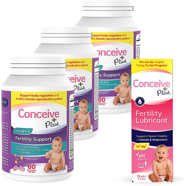 CONCEIVE PLUS Women's 3 Month Supply | Prenatal Vitamins + Fertility-Friendly Lube | Conception Fertility Support Supplement (3 x 60 Capsules + 2.5 Ounce Fertility Lubricant)
