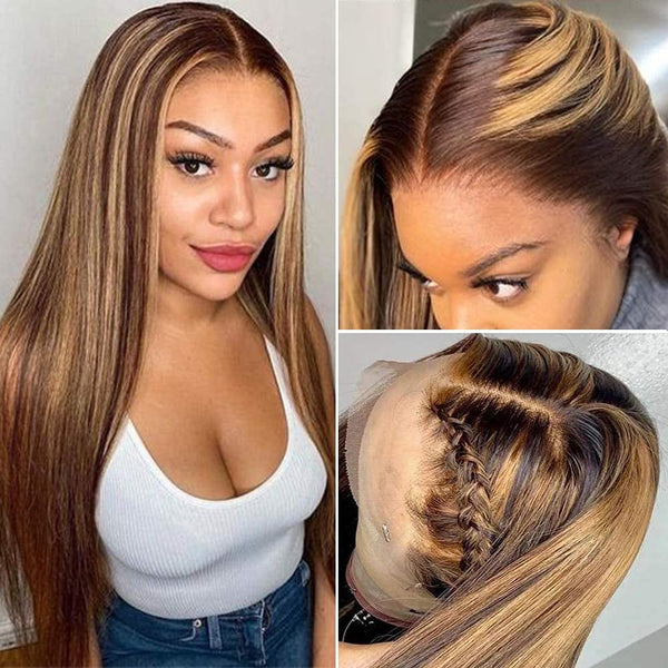 Highlight 4-27 Straight Lace Front Wig Human Hair Wigs Pre Plucked 13x4x1 T-part Lace Front Wigs for Black Women Brazilian Remy Hair Wigs With Baby Hair 150% Density 26 Inch
