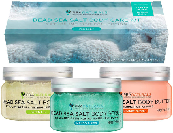 PraNaturals Dead Sea Salt Body Care Kit ýýý Exfoliating Scrub & Moisturising Body Butter for Smooth Skin ýýý Mango & Kiwi, Green Fig, Orange Flower ýýý Vegan Friendly & Cruelty Free