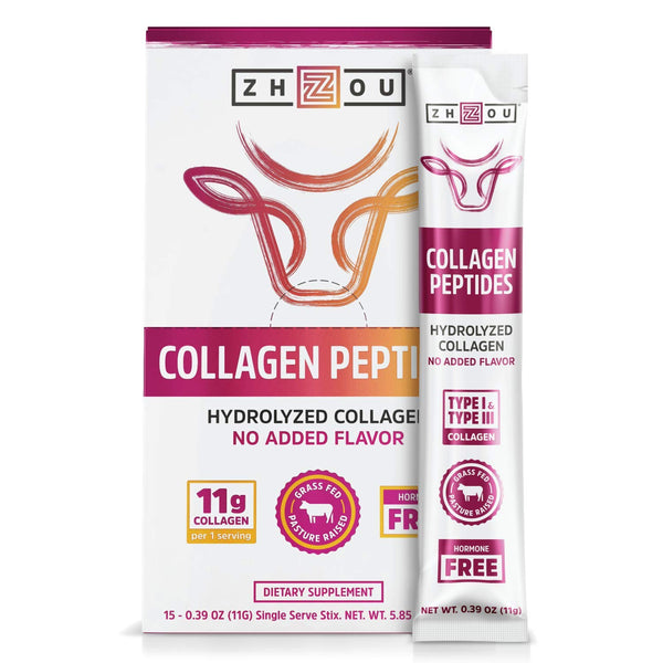 Zhou Collagen Peptides Stick Packs Hydrolyzed Powder | for Vital Joint & Bone Support, Glowing Skin, Strong Hair & Nails, Digestive Health | Unflavored | 15 CT