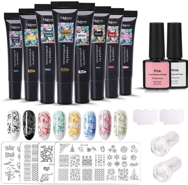Nail Stamping Kit, MYSWEETY 8 Colours Nail Stamper Kit Nail Art Stamping Gel Kit Flowers with 4 Printing Plates, 2 Scrapers, 2 Nail Art Silicone Stampers for Nail Stamping Starter