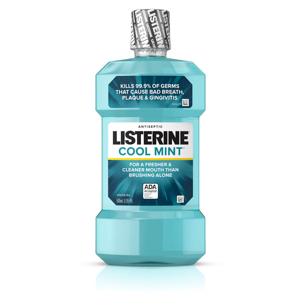 Listerine, Cool Mint Antiseptic Oral Care Mouthwash to Kill 99 Germs that Cause Bad Breath Plaque and Gingivitis ADAAccepted Mouthwash Cool Mint Flavor 500 mL, 16.9 Fl Oz