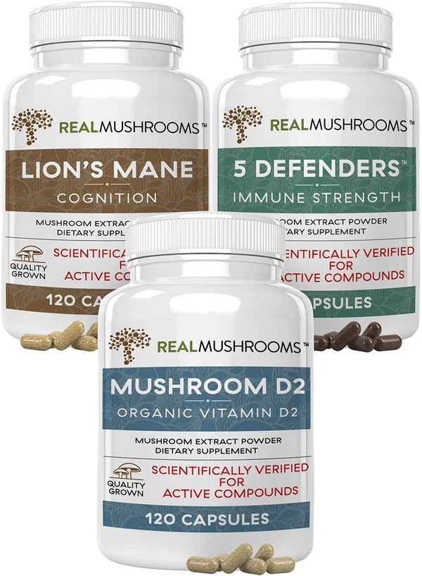 Real Mushrooms Daily Immune Support & Cognitive Health Bundle - Vitamin D2 (120 Caps) + 5-Defenders (90 Caps) + Lion's Mane (120 Caps) | Quality Mushroom Supplements